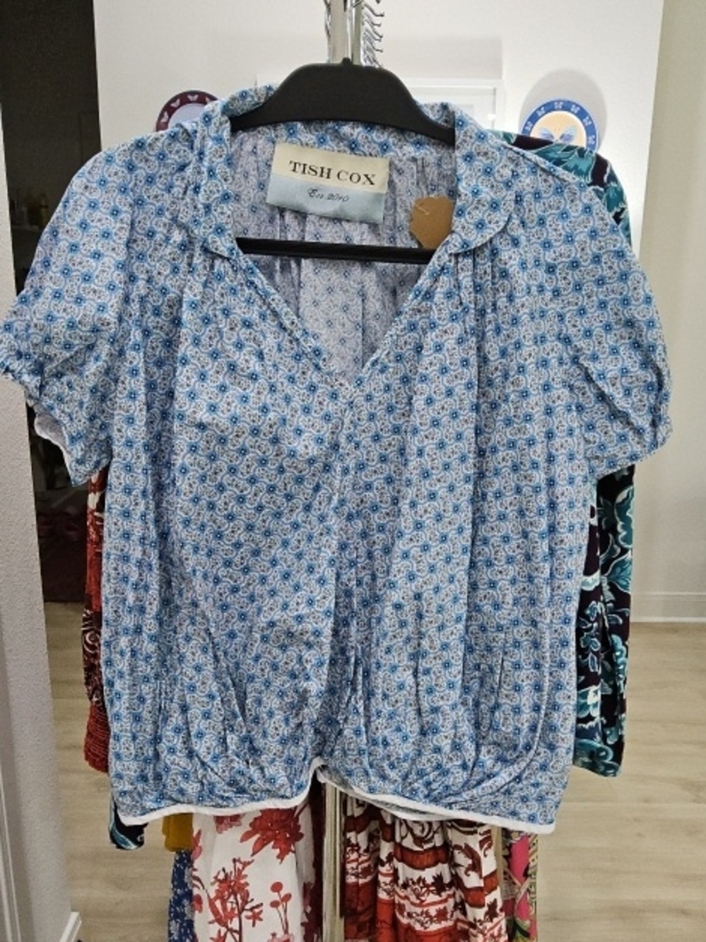 Tish Cox Light Blue Floral V-Neck Short Sleeve Blouse
